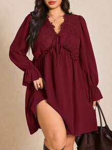 Elaquor Plus Size Elegant Commuter Solid Color Lace Patchwork Dress - Burgundy - View 3