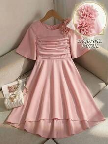 1pc Tween Girl Dusty Pink Elegant Wedding Party Dress,Summer 3D Floral Embroidered Flare Sleeve Fashion Solid Color Dress For Formal Events,Daily Wear - Pink - View 8
