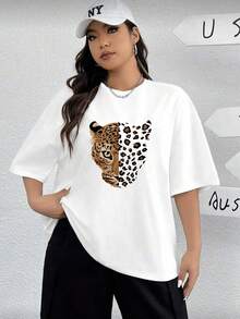 Plus Size Women's Oversized Short-Sleeve Crew Neck T-Shirts - Leopard Half-Face Graphic Print Casual Top - Blanco - Ver 1