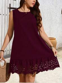 SHEIN Clasi Plus Size Women's Sleeveless Round Neck Hollow Eyelet Dress,Burgundy Summer Smart Casual Vacation Outfits,Wine Printed Casual Spring Dresses - Burgundy - View 4