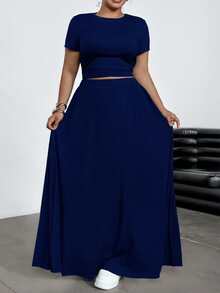 Dripcurv Plus Size 2pcs Set:Casual Stretchy Short Sleeve Navy Blue Top & Long Bodycon Skirt, Spring/Summer Co-Ords For Women - Navy Blue - View 3