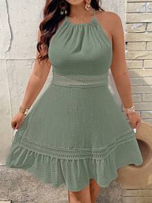 SHEIN Clasi Đầm nữ cổ cao không tay phối ren - màu xanh lá - Xem 6