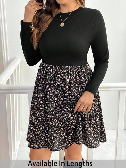 SHEIN PETITE CURVE Plus Size Women's Beach Women Outfits Fall Women Dresses And Winter Women Clothes Thanksgiving Women Outfit New Style Fashionable And Elegant Internet Celebrity Street Shooting Commuter Knitted Splicing Floral Fabric Design Short Black A-Swing Umbrella Skirt Dress, Casual Dress, Long-Sleeved Dress Long Sleeve Dress Christmas Women Dress Mommy And Me Dresses