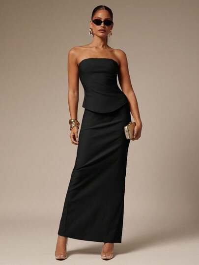 Silquee Women's Solid Color Bandeau Top And Fitted Midi Skirt 2-Piece Set, Elegant And Fashionable