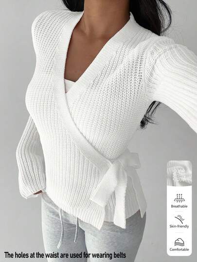 FavEase Women's Solid Color Fashion Versatile Criss-Cross Tie Front Cardigan, Autumn/Winter