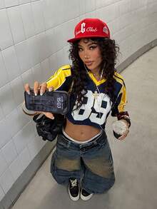 StreetHx Ropa casual de estilo de los años 2000 para mujer, camisetas gráficas cortas, camisetas de corte holgado - Azul Marino - Ver 4