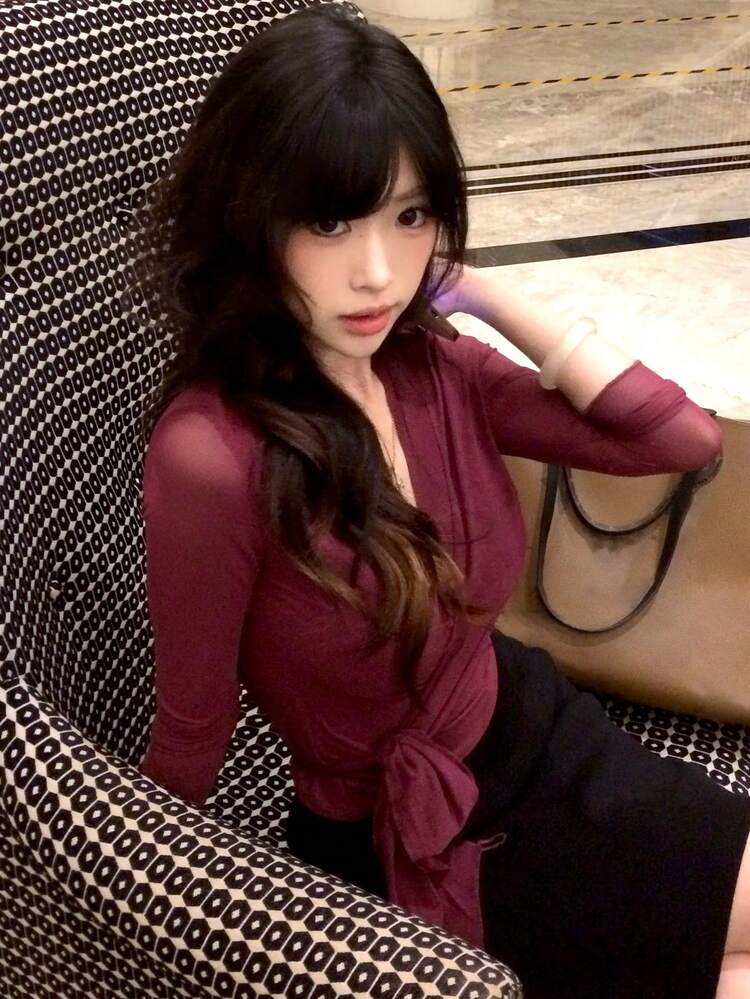 Sexy V-Neck Mesh T-Shirt For Women, Unique Tie Design, Slimming Effect