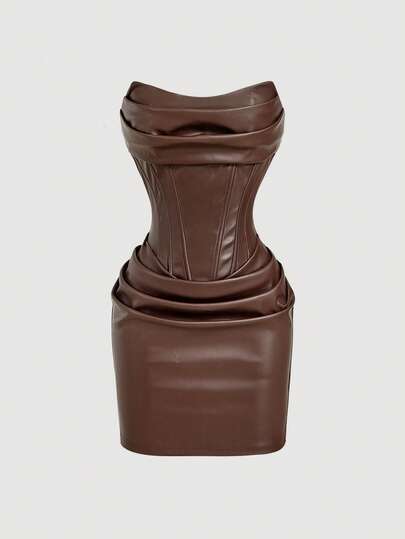 SHEIN MOD Brun plisserad bandeauklänning i PU-läder för kvinnor