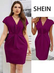 SHEIN Clasi 大码优雅纯色收腰中长连衣裙，适合通勤。 - 中紫紅色 - 查看 1