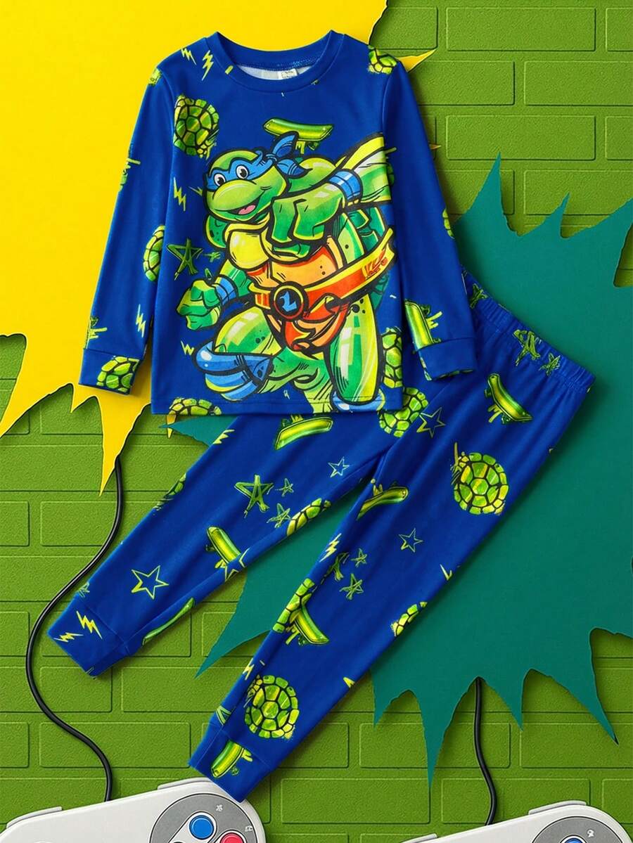 TEENAGE MUTANT NINJA TURTLES | SHEIN 男童卡通绿色海龟印花长袖T恤和裤子休闲修身睡衣套装 - 藍色 - 查看 1