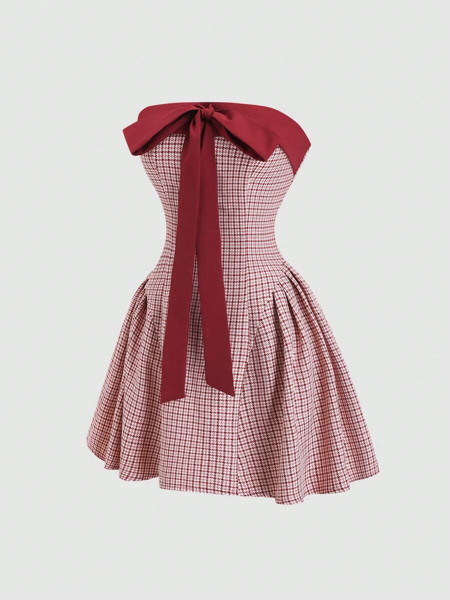Sweetra Autumn/Winter New Vintage Sexy Slim Fit Bowknot Color Block Houndstooth Versatile Comfortable Casual Dress, Brown - Redwood - View 1