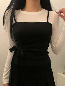 DAZY 女士圆领腰部褶皱扭结设计二合一时尚百搭通勤长袖T恤 - 黑與白 - 查看 4
