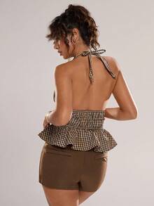 Avantive Beige Boho Checkered Peplum Halter Top For Women,Retro Yellow-Green Sleeveless Earthy Tops For Summer Vacation Holiday Beach Casual Costume,Spring - Green - View 2