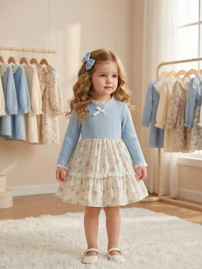 SHEIN Baby GirlCute Floral Ruffle Collar Long Sleeve Dress With Bow Decor, Comfortable & Soft, Suitable For Spring/Summer Outings And Gifts, 3 Months - 3 Years White Dress فساتين شتويه فستان دانتيل