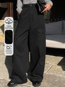 DAZY Women's Solid Color Fitted Cargo Pants With Pockets, Casual Street Style Trousers For Spring And Autumn Y2k - Black - View 1