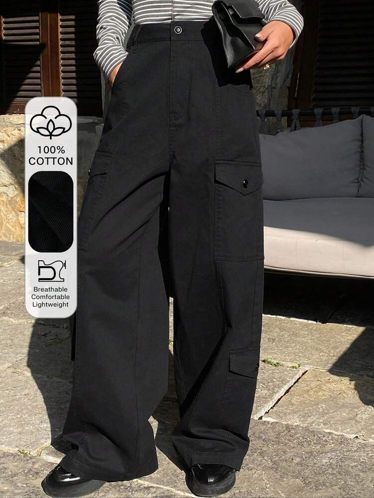 Women's Solid Color Fitted Cargo Pants With Pockets, Casual Street Style Trousers For Spring And Autumn Y2k