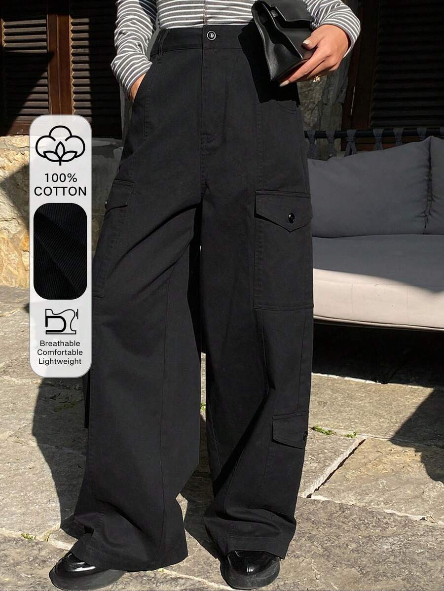 DAZY Women's Solid Color Fitted Cargo Pants With Pockets, Casual Street Style Trousers For Spring And Autumn Y2k - Black - View 1