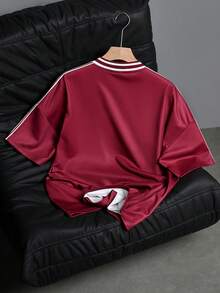 Aesthetic Post Men's V-Neck Letter & Number Print Casual Commuter Short Sleeve T-Shirt - Burgundy - View 7