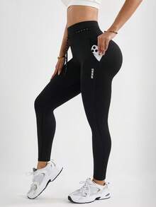 With My Calm Women's Yoga/Outdoor/Gym Tight Leggings With Drawstring Waist, Letter Print And Side Pockets, Basic Style - Black - View 1