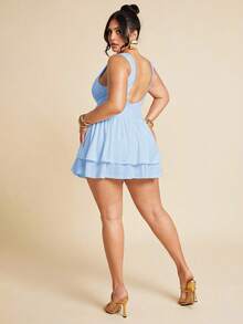 SHEIN BAE Bộ jumpsuit nữ cỡ lớn màu trắng trơn không tay, ôm sát, xếp ly, thanh lịch, dáng ngắn, hai lớp bèo nhún, thích hợp cho mùa xuân hè, váy nữ, jumpsuit ngày Valentine, jumpsuit mặc hàng ngày, jumpsuit thanh lịch, jumpsuit trắng. - Màu xanh nhạt - Xem 2