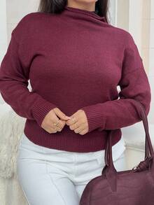 NegzBox Women's Elegant Casual Commuting Office Wear, Apricot Gray Multi-Color Long Sleeve High Neck Loose Casual Versatile Knit Sweater Vest, Fall Women Clothes, Winter Dresses For Women, All-Match Tops, Teacher Outfits, Fall Clothes,Red Top,Fall,Fall Clothes For Women - Burgundy - View 3