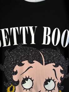 Betty Boop x SHEIN 大码女式休闲日常通勤时尚街头卡通人物字母印花宽松T恤，夏季 - 白色 - 查看 4
