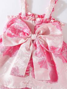SHEIN 女婴优雅吊带大蝴蝶结提花A字连衣裙，适合生日派对和节日庆典，春夏款 - 粉色 - 查看 6