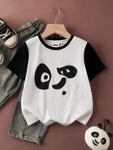 SHEIN Kung Fu Panda Young Boy Casual Panda Print Short Sleeve T-Shirt, Summer - Black and White - View 1