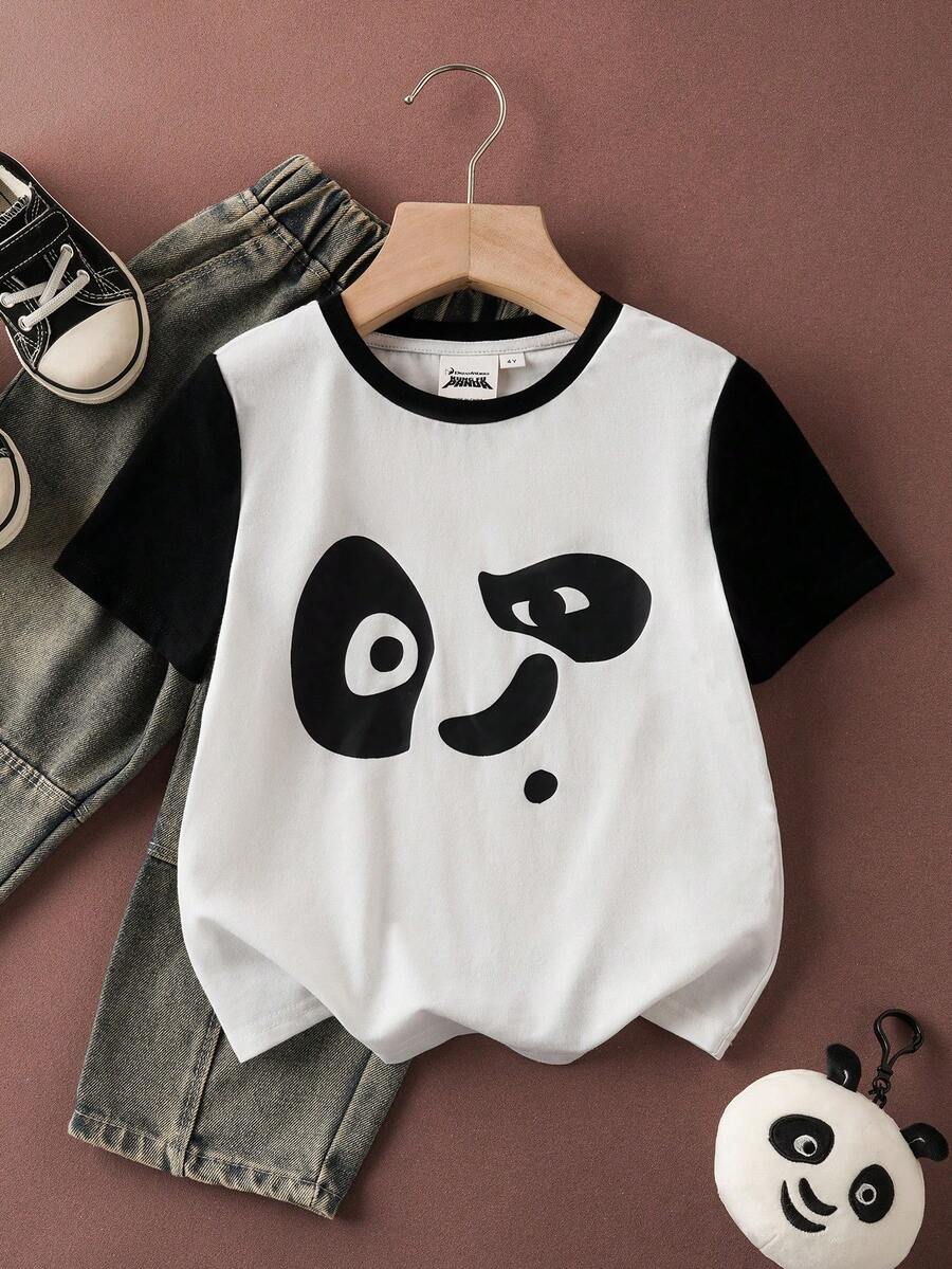 SHEIN Kung Fu Panda Young Boy Casual Panda Print Short Sleeve T-Shirt, Summer - Black and White - View 1