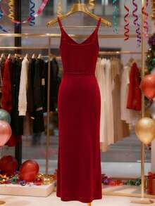 Franclia 早春新款复古优雅时尚V领吊带中式纽扣腰抽绳修身女式复古红色针织连衣裙 - 酒紅色 - 查看 2