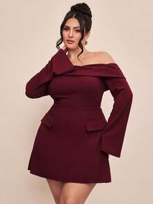 SHEIN BAE 大码女式酒红色露肩连衣裙，长袖A字迷你连衣裙，假口袋，鸡尾酒会礼服，情人节礼服 - 酒紅色 - 查看 6