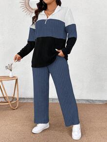 EMERY ROSE Plus Size Collared Zipper Decor Soft Knit Long Sleeve Ribbed Colorblock T-Shirt & Soft Ribbed Pants Casual 2-Piece Outfit - Multicolor - View 6