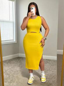 Slaydiva 2026 Spring/Summer New Music Festival, Easter, St. Patrick's Day, Western, Nomadic Style, Birthday Party, Casual, Vacation, Cruise Travel, Beach, Sunbathing, Party & Festival Women's Yellow Cropped Tank Top And Maxi Skirt Set - Yellow - View 5