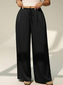 Auralis 大码女士休闲复古缎面长裤，棕色美拉德面料，适合日常穿着、办公、通勤、派对和约会等多种场合。 - 黑色 - 查看 4