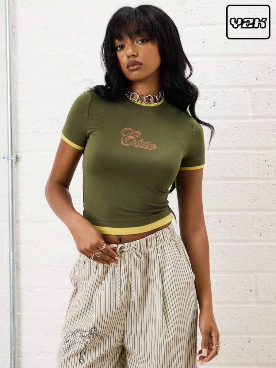 COUREZ 双层标语婴儿T恤/Y2K外出女装春季哥特俱乐部女装性感 - 軍綠色 - 查看 1