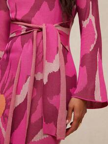 NYA SZN Dress Long Sleeve Turtleneck Tie Detail Fitted Bodycon Pink Floral Pattern Winter Spring Date Special Occasion Event Party Knit Knitwear Rib Knit Maxi Lenght Outfits For Women - Multicolor - View 7