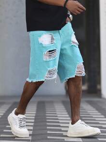 Manfinity Roughcore Men's Casual Washed Distressed Denim Shorts Teal Jean Shorts Men - Green - View 3