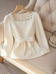 SHEIN PETITE Women's Elegant Blouse With Rhinestone Embellishment, Square Collar, Puff Sleeves, Tie Waist, A-Line Hem, Suitable For Business/Commute, Spring/Autumn