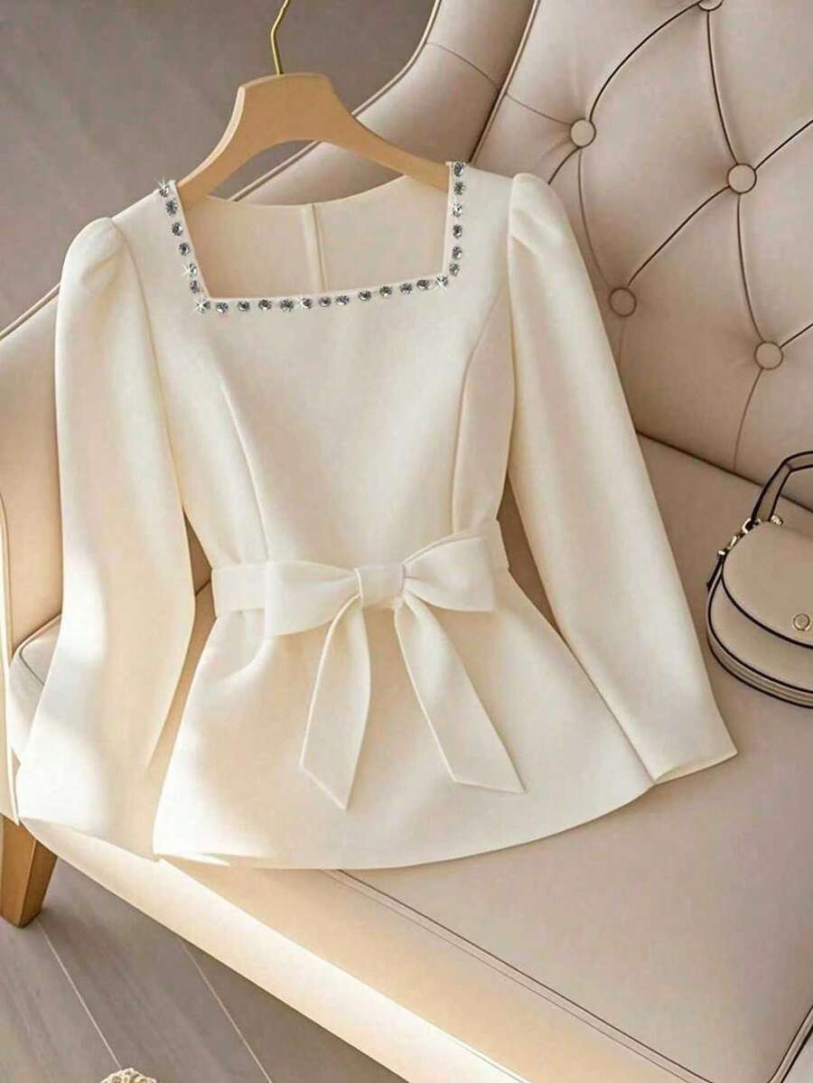 SHEIN PETITE Women's Elegant Blouse With Rhinestone Embellishment, Square Collar, Puff Sleeves, Tie Waist, A-Line Hem, Suitable For Business/Commute, Spring/Autumn