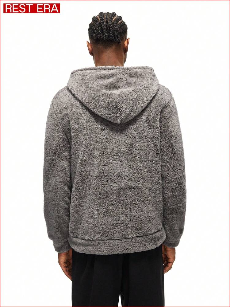 EasyFave Lightweight, Comfortable, Casual, Homewear, Soft, Plush, Coral Fleece, Can Be Worn Outdoors, Men's Loungewear Top, Hooded T-Shirt, Long Sleeve T-Shirt - Grey - View 2