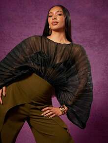 Vixey Solid Sheer Pleated Organza Draped Sleeve Bodysuit