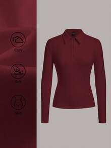 SHEIN BASICS Casual Solid Color Knit Half-Zip Collar Long Sleeve Fitted Women T-Shirt Burgundy Tops