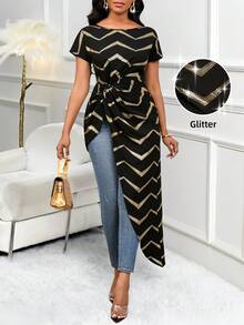 SHEIN Lady 大码优雅印花不对称下摆短袖衬衫，夏季 - 彩色 - 查看 2