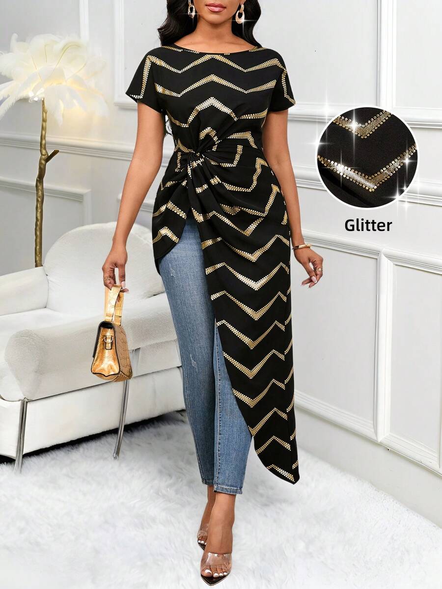 SHEIN Lady 大码优雅印花不对称下摆短袖衬衫，夏季