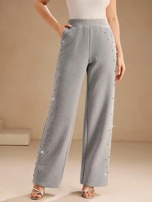 Anewsta 时尚保暖宽松阔腿灰色女式运动裤，适合秋季、节日、春季穿着，亮片装饰，时尚休闲。 - 灰色 - 查看 3