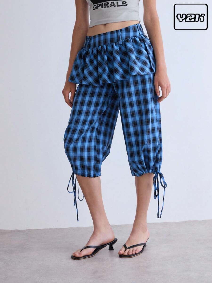 COUREZ Longline Check Shorts With Ruffle Waistband , Y2K Street Wear Summer For Women Summer Bottoms Vintage - Blue - View 1