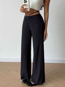 Flirla Women's Casual Drawstring Tie Flared Pants - Black - View 1
