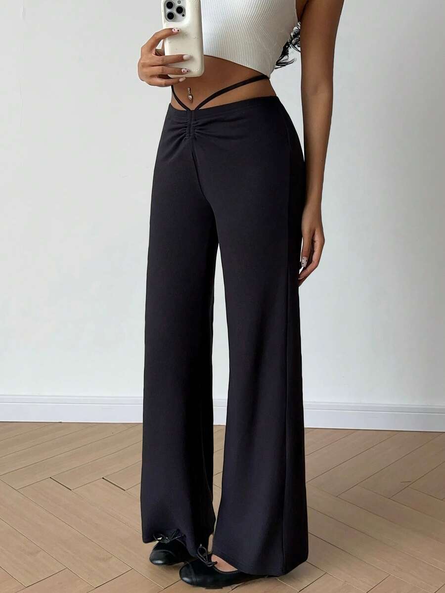 Flirla Women's Casual Drawstring Tie Flared Pants - Black - View 1