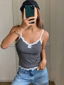 DAZY Women's Contrast Striped Lace Trim Fitted Camisole Elegant Sleeveless Top, Spring/Autumn Y2k