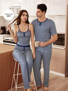 SHEIN 男士条纹印花休闲睡衣套装 - 藍色 - 查看 4